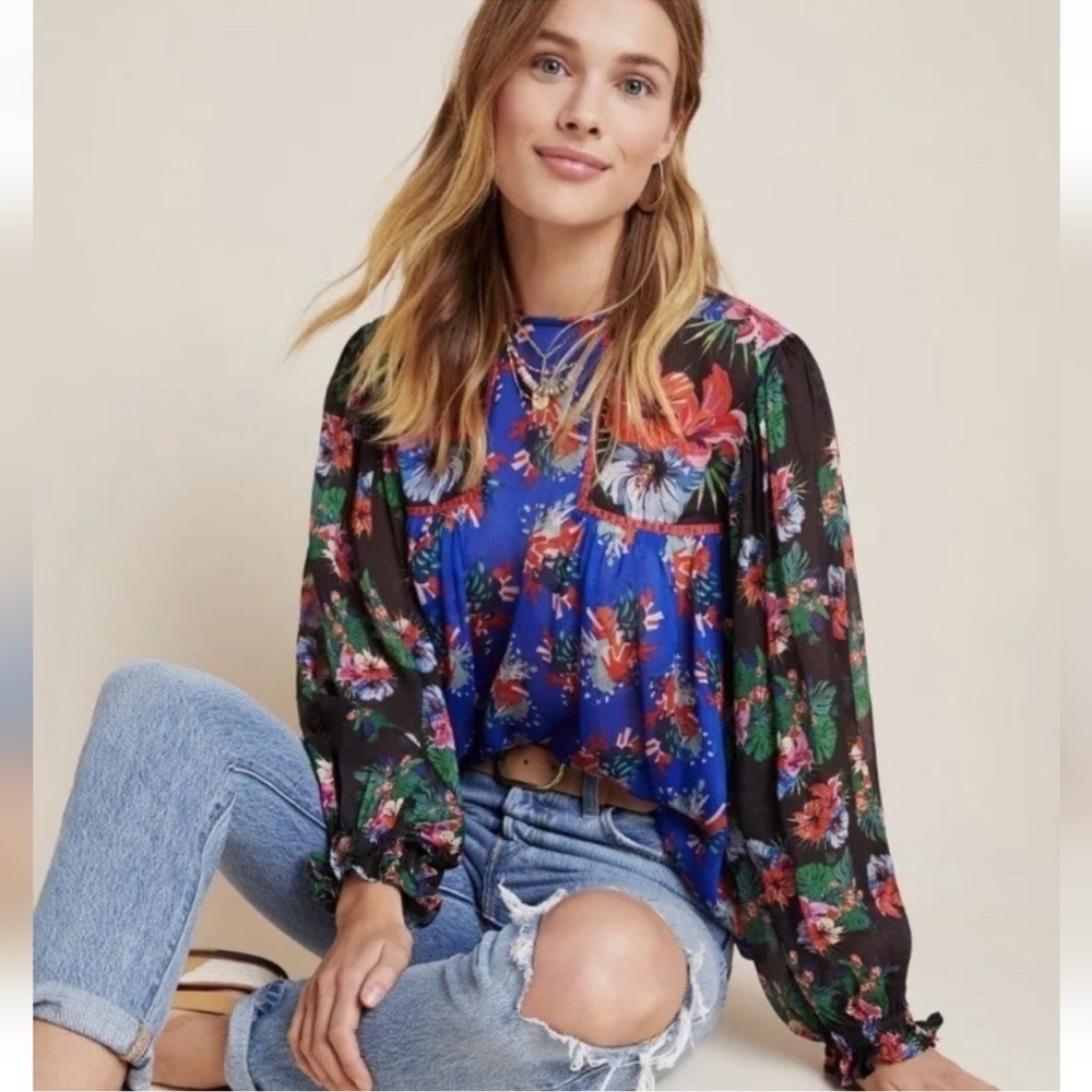 Anthropologie Bl^nk London Miranda Peasant Blouse Floral Eclectic Sz XSmall Blue - Picture 2 of 10